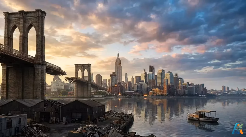 Pemandangan kota mati pasca-apokaliptik dengan jembatan Brooklyn yang runtuh dan gedung-gedung New York terbakar.