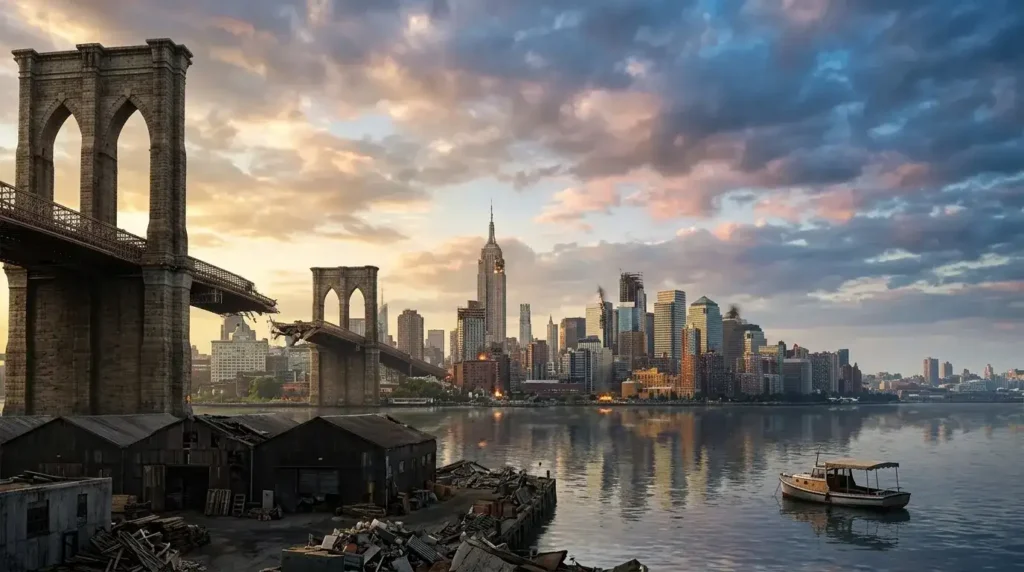 Pemandangan kota mati pasca-apokaliptik dengan jembatan Brooklyn yang runtuh dan gedung-gedung New York terbakar.