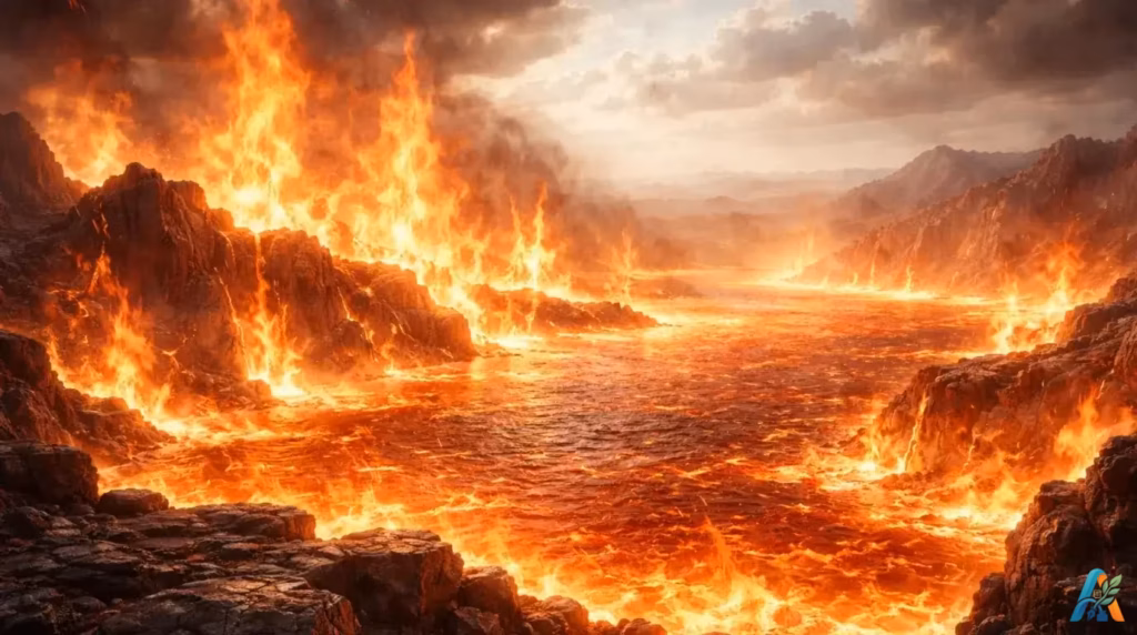 Aliran sungai lava pijar menyala membakar lembah bebatuan hitam dengan latar belakang perbukitan gersang berawan jingga.