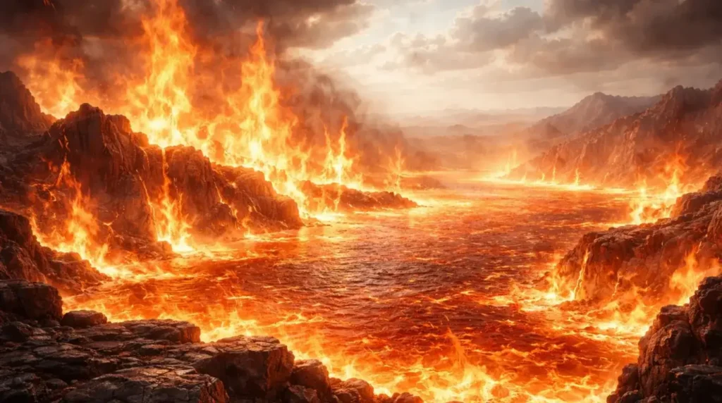 Aliran sungai lava pijar menyala membakar lembah bebatuan hitam dengan latar belakang perbukitan gersang berawan jingga.