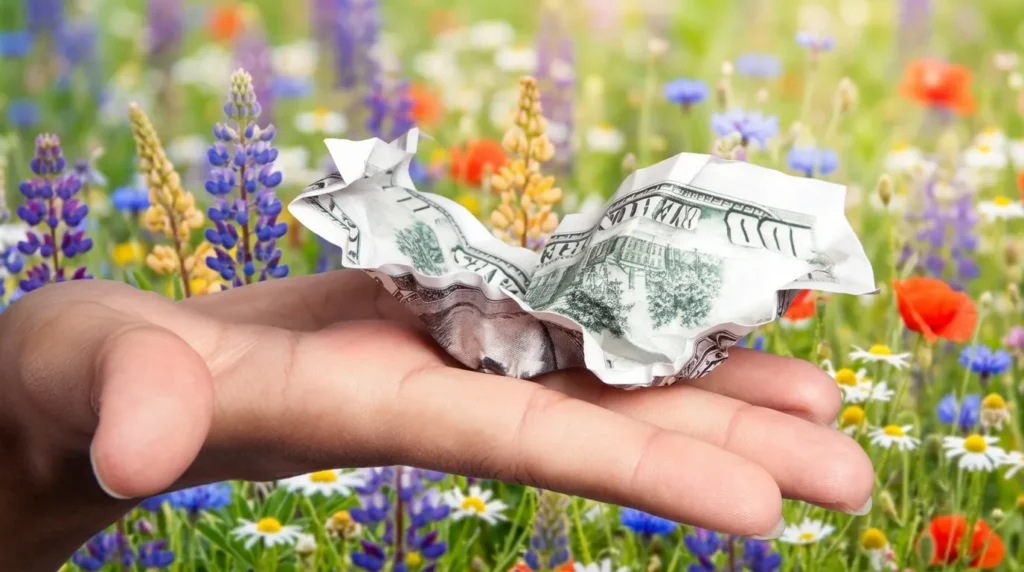 Tangan memegang uang kertas dolar kusut dengan latar belakang taman bunga warna-warni yang buram.