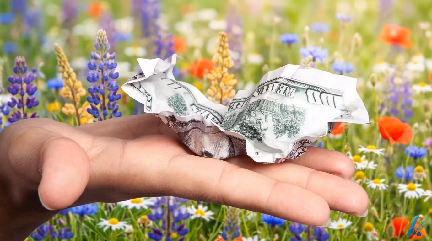 Tangan memegang uang kertas dolar kusut dengan latar belakang taman bunga warna-warni yang buram.