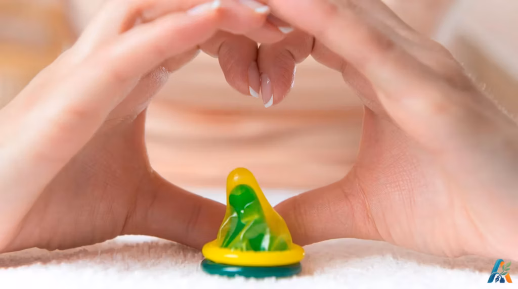 Tangan membentuk simbol hati di atas kondom hijau sebagai simbol sex aman tanpa pengaman