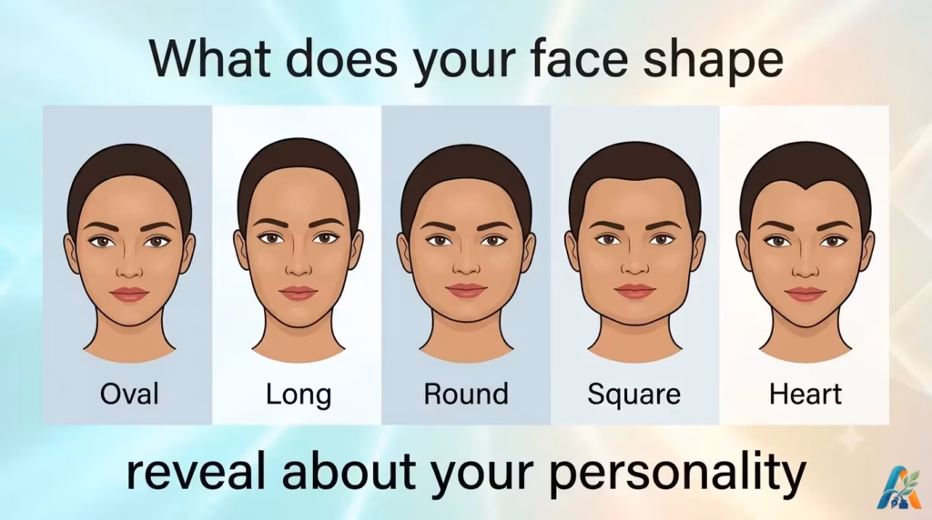 Infografis 5 bentuk wajah wanita: Oval, Long, Round, Square, Heart, bertuliskan "What does your face shape reveal about your personality".