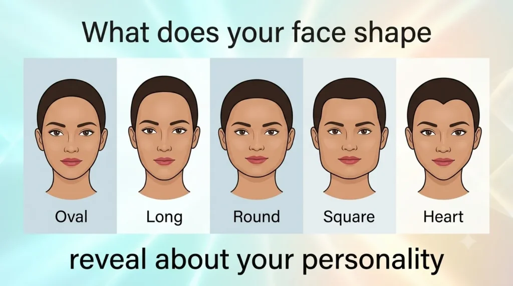 Infografis 5 bentuk wajah wanita: Oval, Long, Round, Square, Heart, bertuliskan "What does your face shape reveal about your personality".