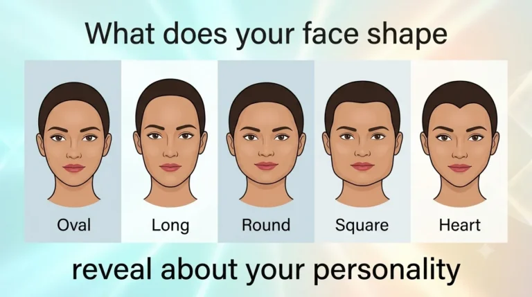 Infografis 5 bentuk wajah wanita: Oval, Long, Round, Square, Heart, bertuliskan "What does your face shape reveal about your personality".