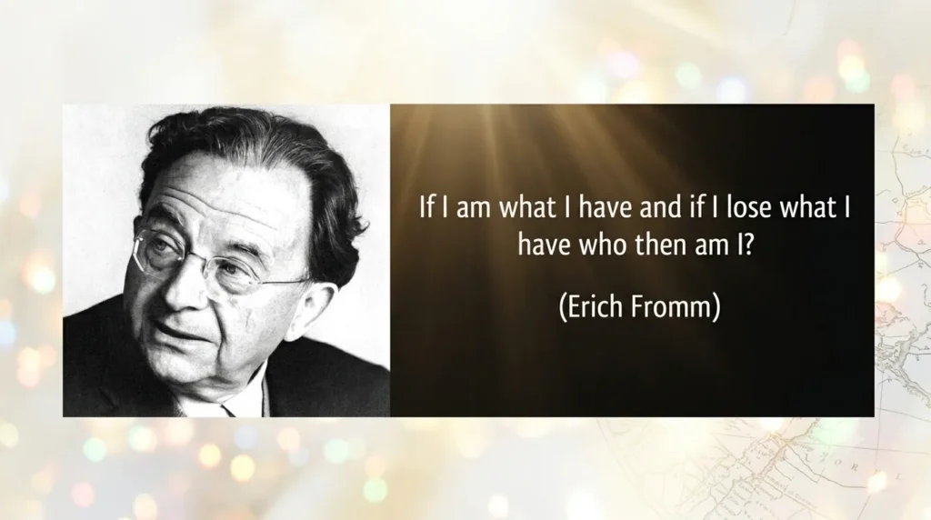 Foto hitam putih Erich Fromm di samping kutipan miliknya mengenai konsep "having vs being mode" dengan latar belakang estetik bercahaya.