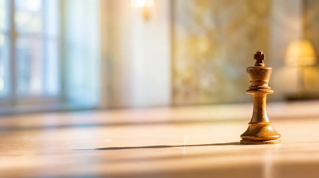 Bidak raja catur kayu berdiri kokoh di atas meja dengan latar belakang buram yang elegan.