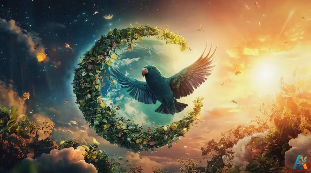 Lukisan surealis burung pirus terbang di dalam bulan sabit tanaman, ilustrasi puitis dari lubuk hati Kahlil Gibran