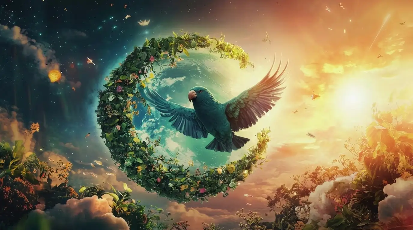 Lukisan surealis burung pirus terbang di dalam bulan sabit tanaman, ilustrasi puitis dari lubuk hati Kahlil Gibran