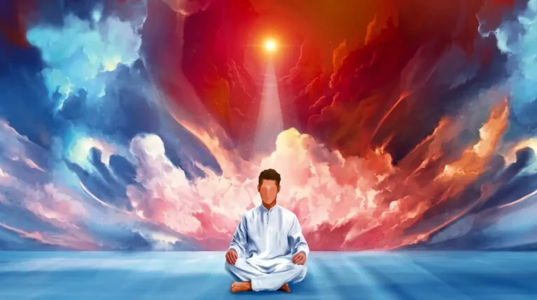 Ilustrasi pria bermeditasi di bawah langit surealis penuh awan warna-warni untuk artikel tentang jiwa Kahlil Gibran