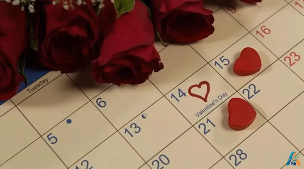 Kalender Valentine 14 Februari dengan mawar merah dan dekorasi berbentuk hati.