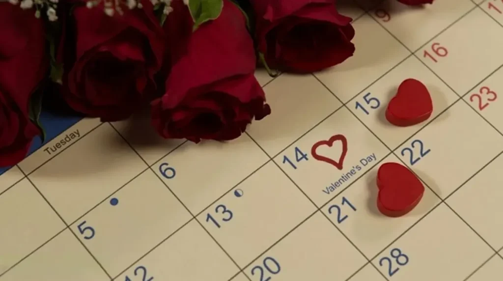 Kalender Valentine 14 Februari dengan mawar merah dan dekorasi berbentuk hati.