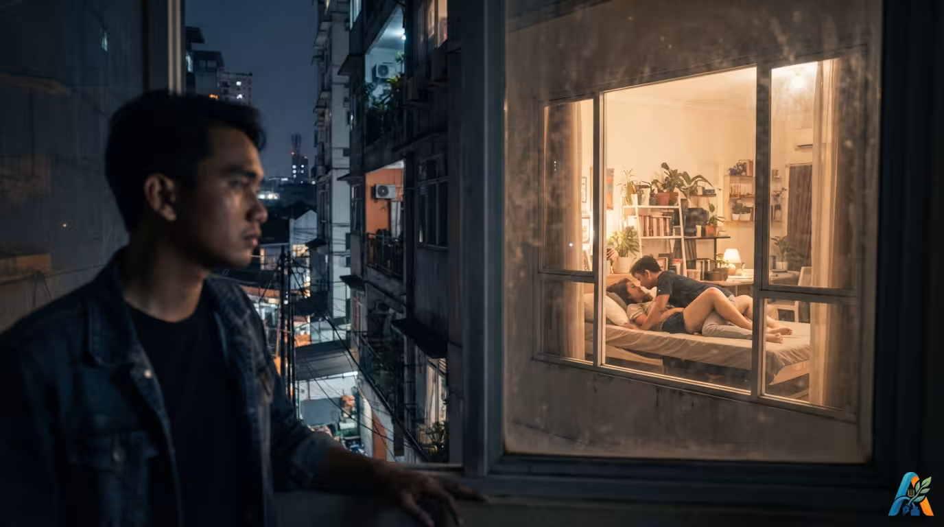 Seorang pria melihat pasangan di apartemen tetangga yang menyala dari jendelanya sendiri di malam hari.