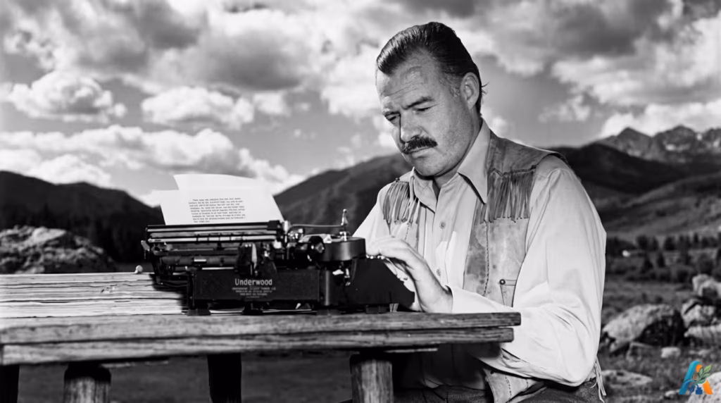Potret penulis legendaris Ernest Hemingway yang sedang fokus mengetik menggunakan mesin tik antik di luar ruangan dengan latar pegunungan.