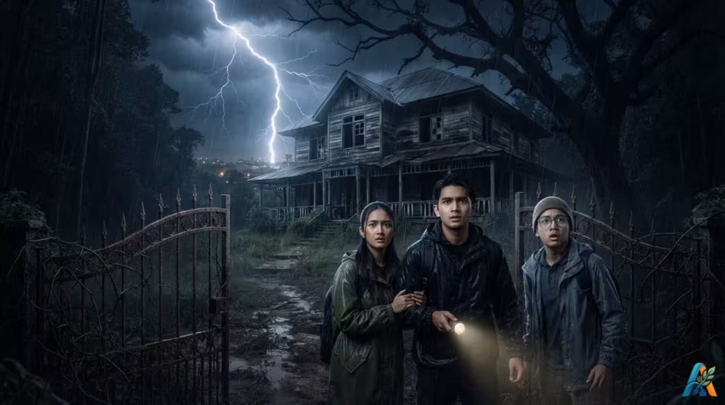 Gambar ini adalah poster cerita horor atau thriller Indonesia yang menampilkan tiga orang anak muda di depan rumah tua yang angker saat badai petir.