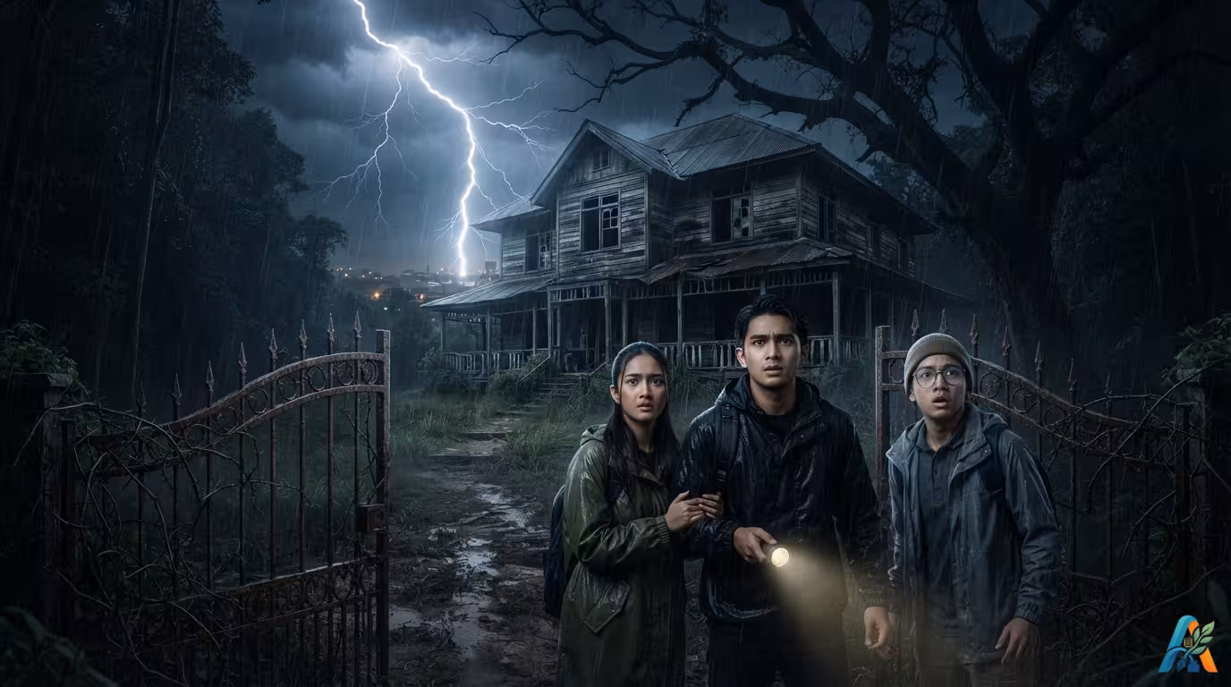 Gambar ini adalah poster cerita horor atau thriller Indonesia yang menampilkan tiga orang anak muda di depan rumah tua yang angker saat badai petir.