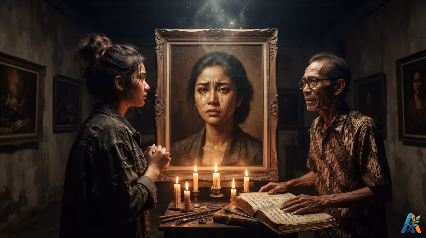 Seorang wanita muda dan pria tua melakukan ritual di depan lukisan wanita menangis yang bercahaya di galeri remang-remang.