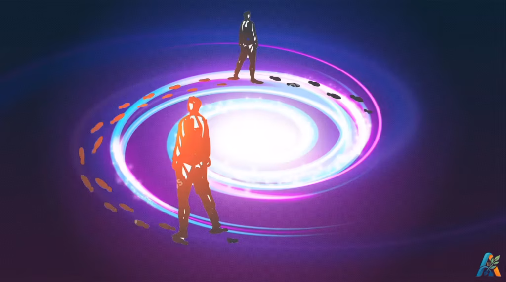 Seni digital dua siluet manusia terjebak dalam jalur lingkaran spiral neon berlatar belakang kosmis gelap
