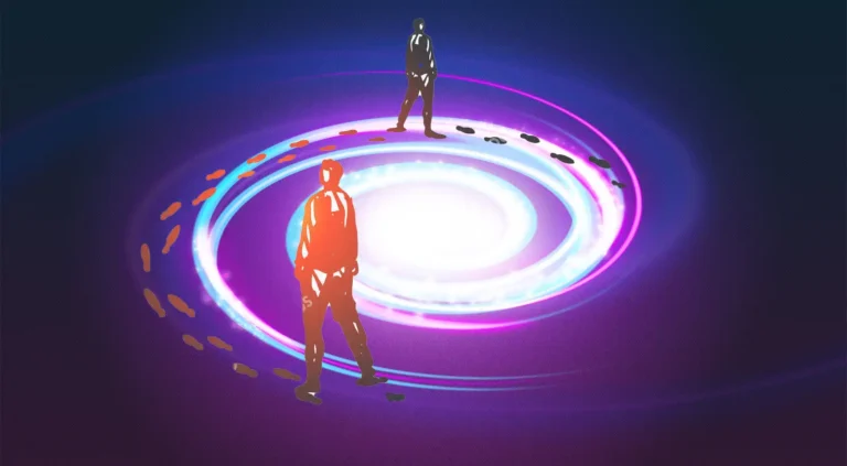 Seni digital dua siluet manusia terjebak dalam jalur lingkaran spiral neon berlatar belakang kosmis gelap