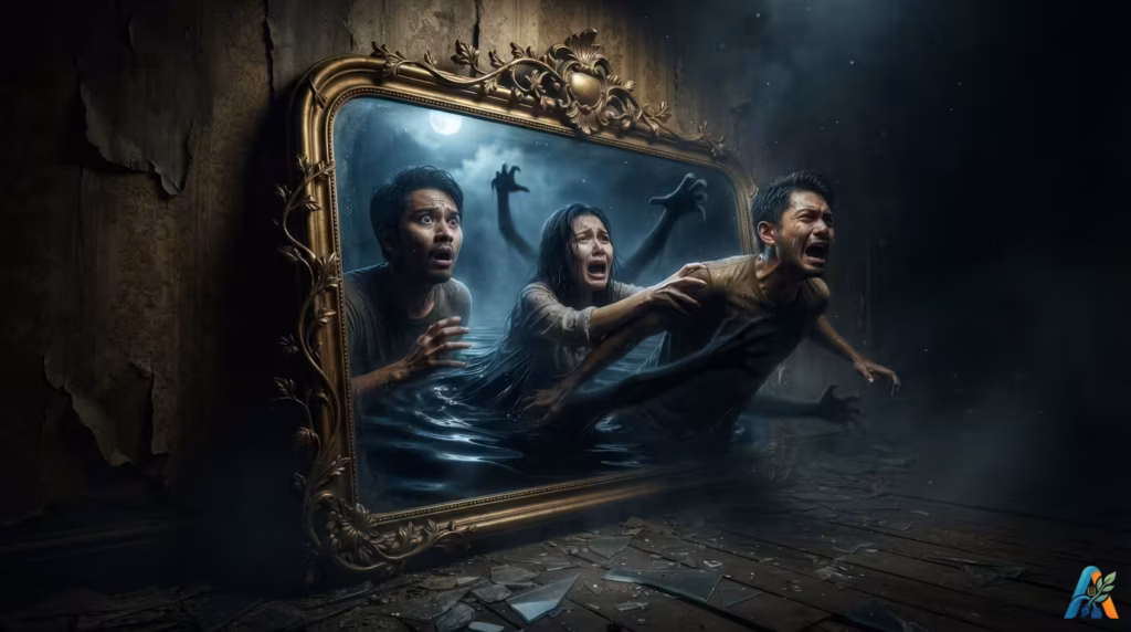 Tiga orang berteriak ditarik oleh tangan bayangan ke dalam cermin berbingkai emas di ruangan gelap.