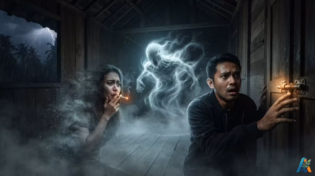Seorang pria dan wanita ketakutan di gubuk gelap saat badai; wanita berubah menjadi asap hantu, dan pria ditarik ke pintu yang terkunci.