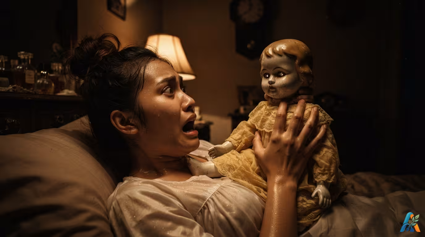 Seorang wanita muda di tempat tidur dengan ekspresi ketakutan dicekik oleh boneka antik bergaun kuning yang duduk di atas dadanya.