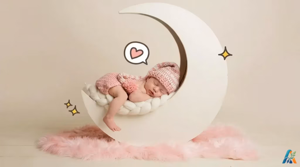 Bayi perempuan tidur pulas di properti bulan sabit dengan pakaian rajut pink yang menggemaskan