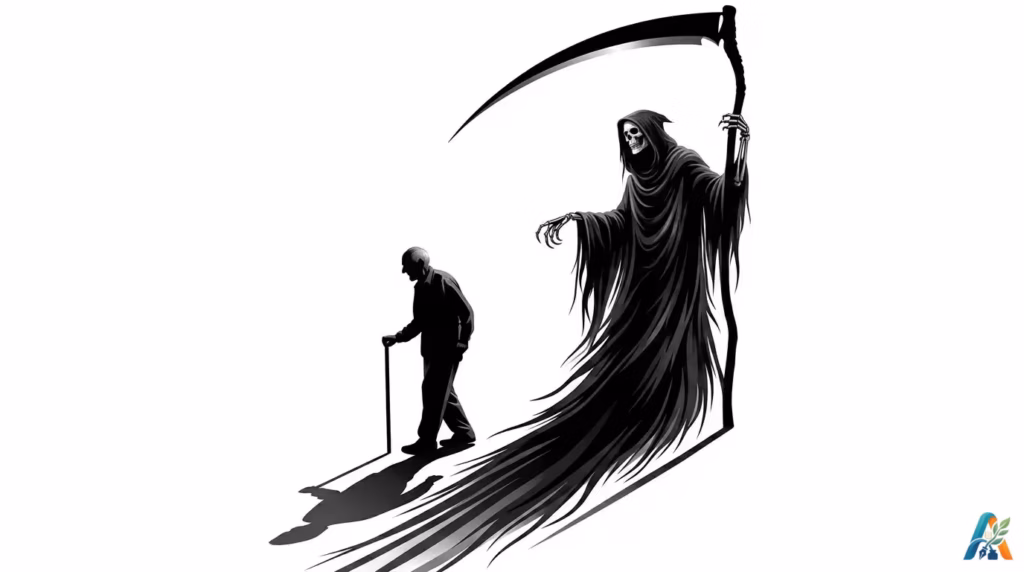 Ilustrasi hitam putih Grim Reaper pencabut nyawa membawa sabit besar mengikuti bayangan kakek tua berjalan dengan tongkat, dari file shadow-death-with-scythe-follows-old-man-isolated-white-background.webp