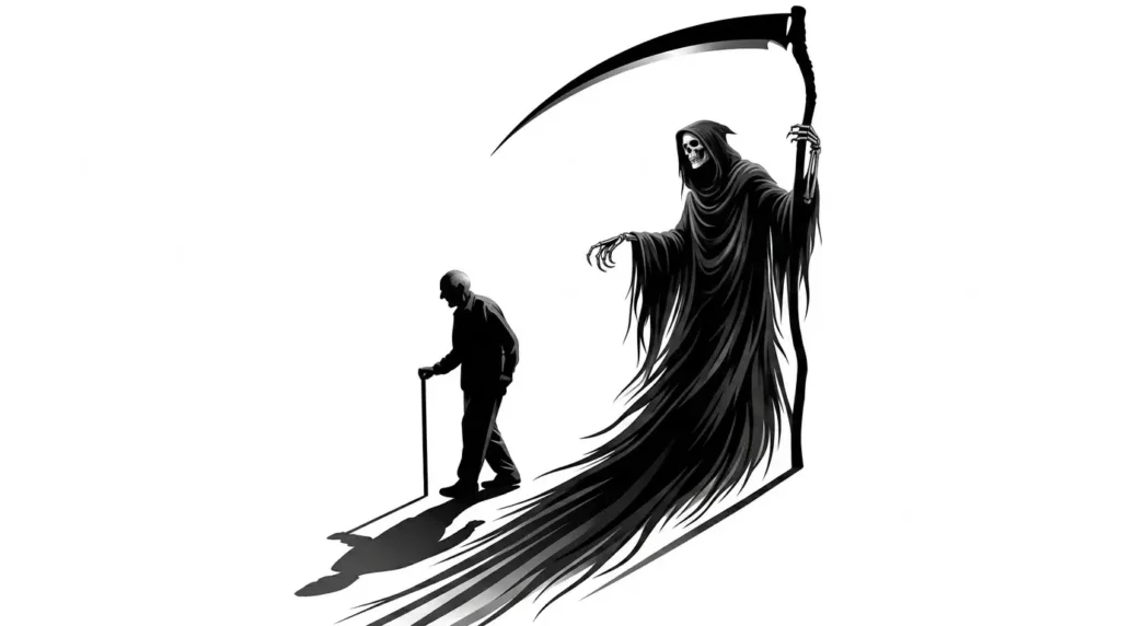 Ilustrasi hitam putih Grim Reaper pencabut nyawa membawa sabit besar mengikuti bayangan kakek tua berjalan dengan tongkat, dari file shadow-death-with-scythe-follows-old-man-isolated-white-background.webp