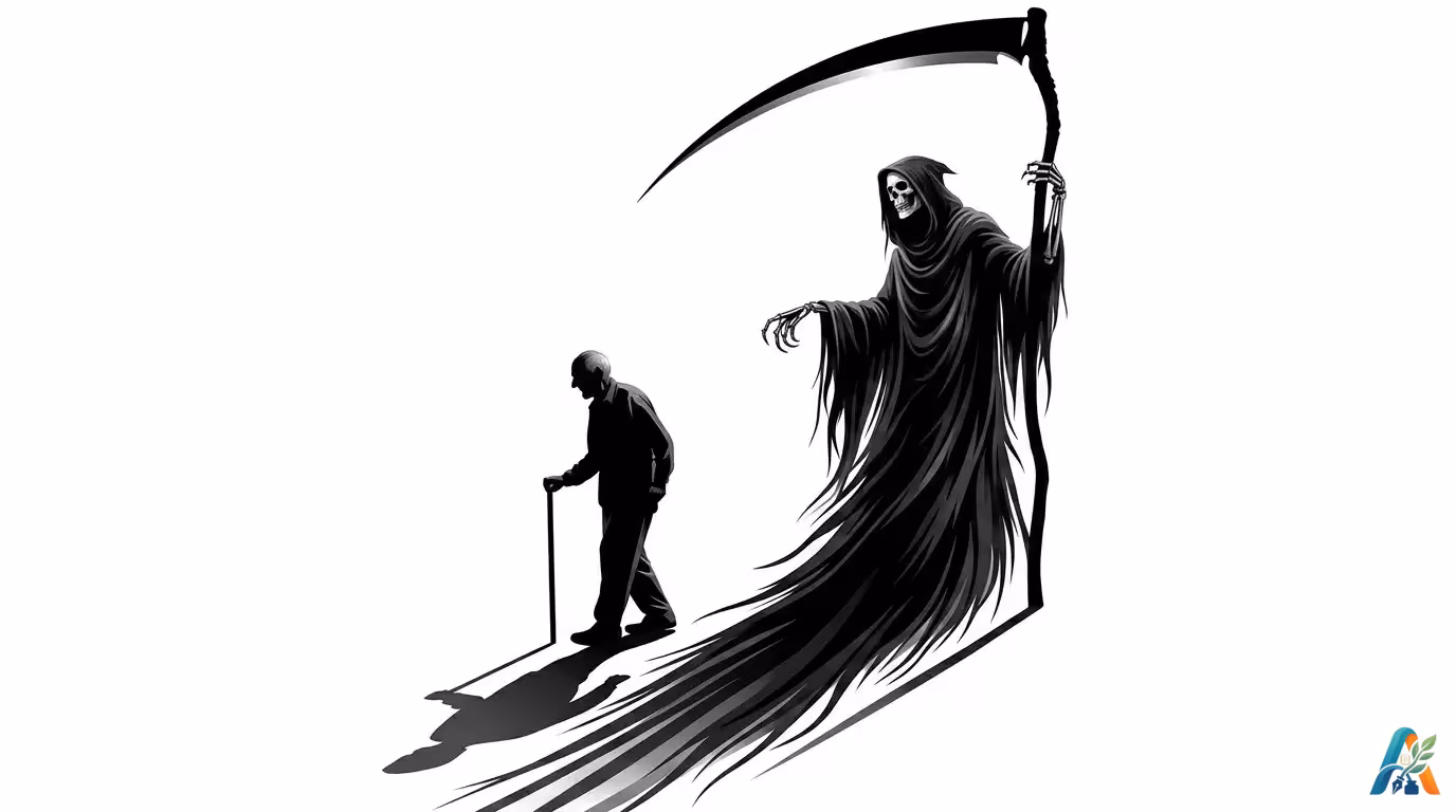Ilustrasi hitam putih Grim Reaper pencabut nyawa membawa sabit besar mengikuti bayangan kakek tua berjalan dengan tongkat, dari file shadow-death-with-scythe-follows-old-man-isolated-white-background.webp