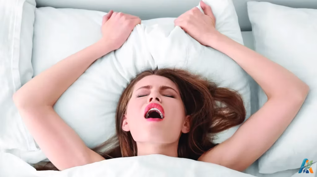 Ekspresi kepuasan seorang wanita saat tidur telentang di kasur putih sambil memegang bantal dengan kedua tangannya.