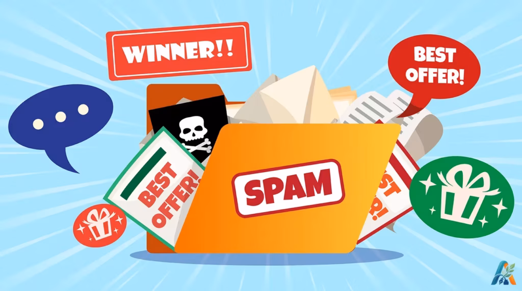 Ilustrasi folder spam berwarna jingga yang terbuka dengan surat-surat, tengkorak bajak laut, dan balon teks bertuliskan winner serta best offer.