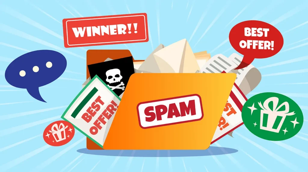 Ilustrasi folder spam berwarna jingga yang terbuka dengan surat-surat, tengkorak bajak laut, dan balon teks bertuliskan winner serta best offer.