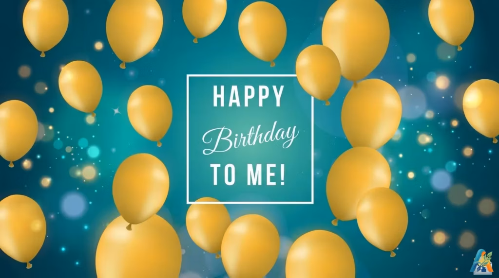 Balon kuning emas melayang dengan latar belakang hijau toska berkilau dan teks HAPPY BIRTHDAY TO ME! di dalam kotak putih tengah.