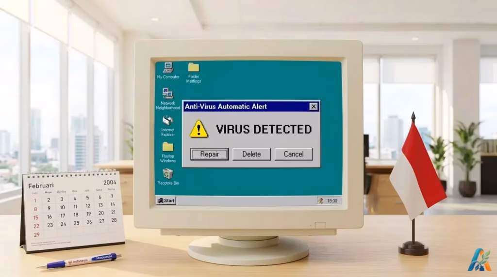 Peringatan virus detected pada monitor komputer tabung jadul dengan latar belakang meja kantor, kalender Februari 2004, dan bendera Indonesia.