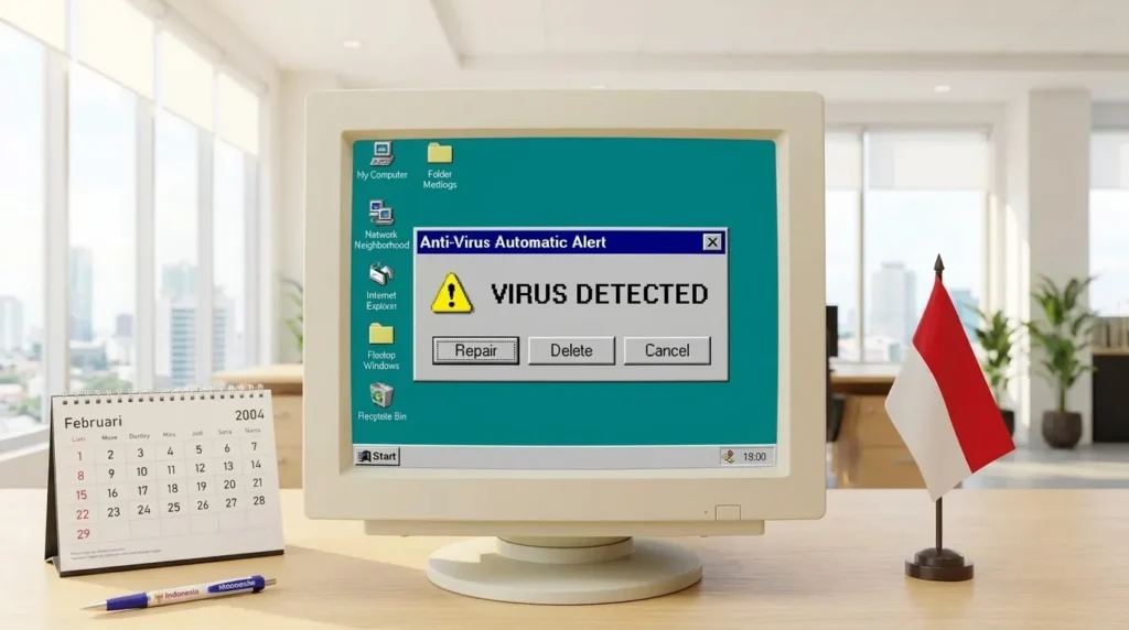 Peringatan virus detected pada monitor komputer tabung jadul dengan latar belakang meja kantor, kalender Februari 2004, dan bendera Indonesia.