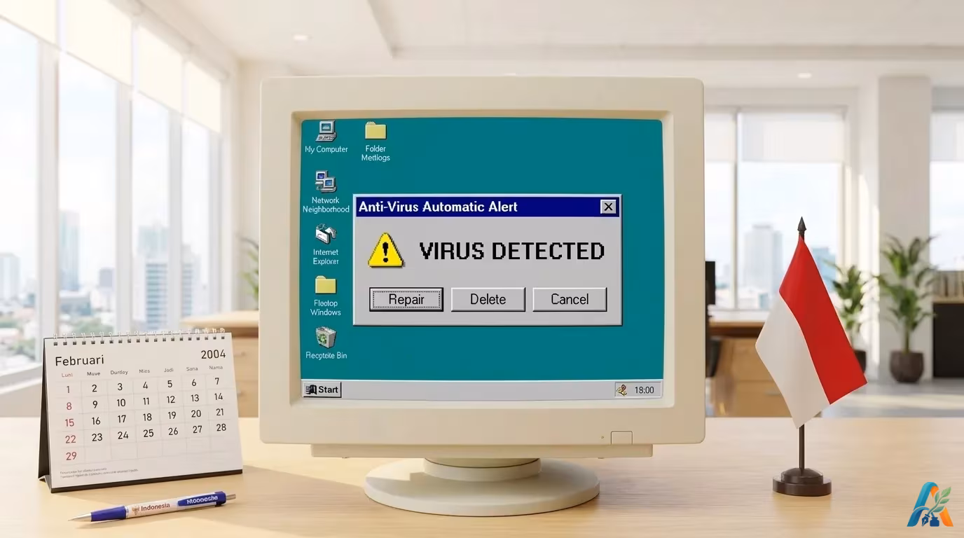 Peringatan virus detected pada monitor komputer tabung jadul dengan latar belakang meja kantor, kalender Februari 2004, dan bendera Indonesia.