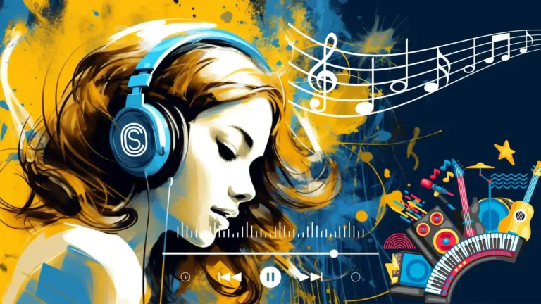 Ilustrasi wanita mendengarkan musik dengan headphone untuk artikel rekomendasi band lokal favorit