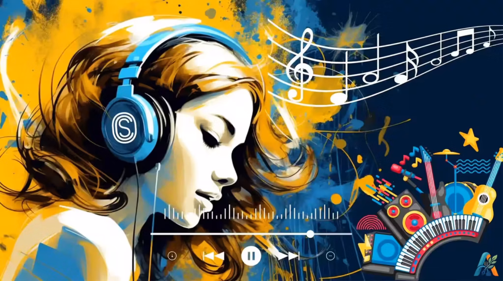 Ilustrasi wanita mendengarkan musik dengan headphone untuk artikel rekomendasi band lokal favorit