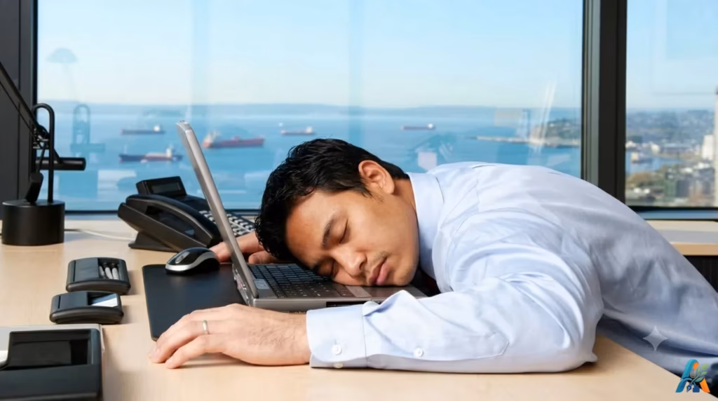 Pria tertidur kelelahan di atas laptop dalam ruangan kantor dengan latar belakang pemandangan pelabuhan laut.