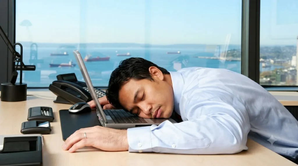 Pria tertidur kelelahan di atas laptop dalam ruangan kantor dengan latar belakang pemandangan pelabuhan laut.