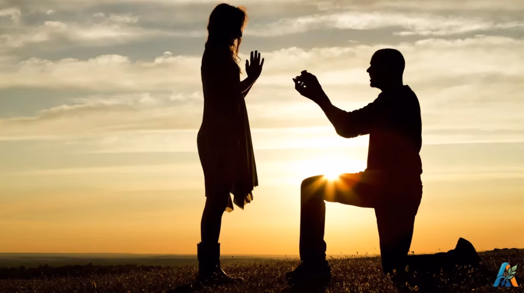 Siluet pria berlutut melamar wanita di bawah sinar matahari terbenam.