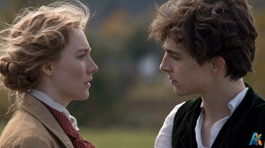 Potret Saoirse Ronan dan Timothée Chalamet dalam film Little Women saling berhadapan, dari file since-i-know-you.webp