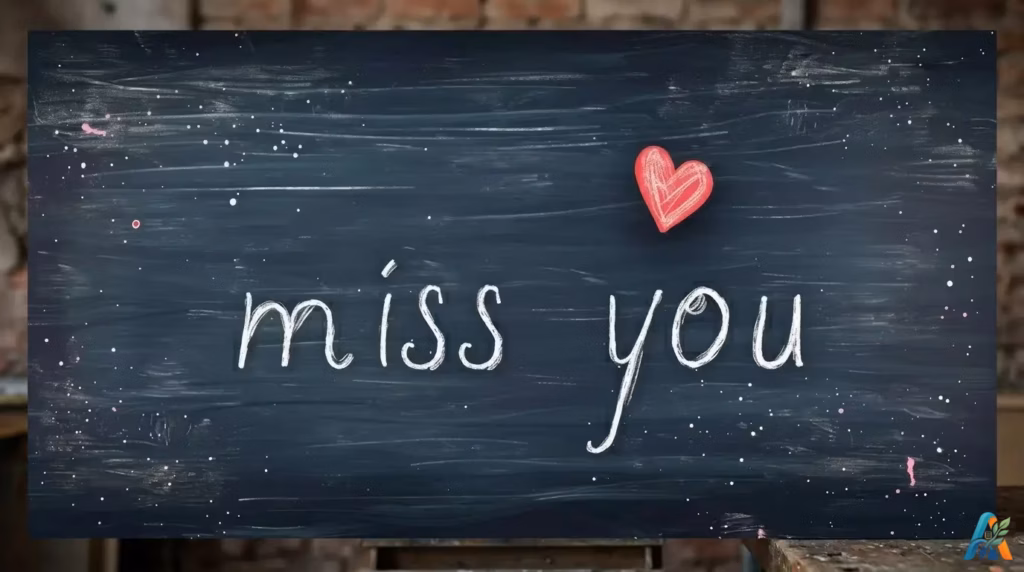 apan tulis kapur gelap dengan tulisan tangan "miss you" berwarna putih dan gambar hati merah kecil, menggambarkan kerinduanku akan menunggunya pulang.