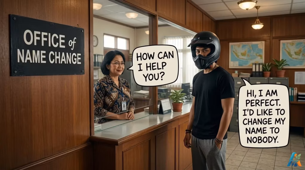 Pria berhelm hitam di kantor dinas ganti nama berkata ingin ganti nama jadi Nobody karena petugas bertanya "How can I help you?".