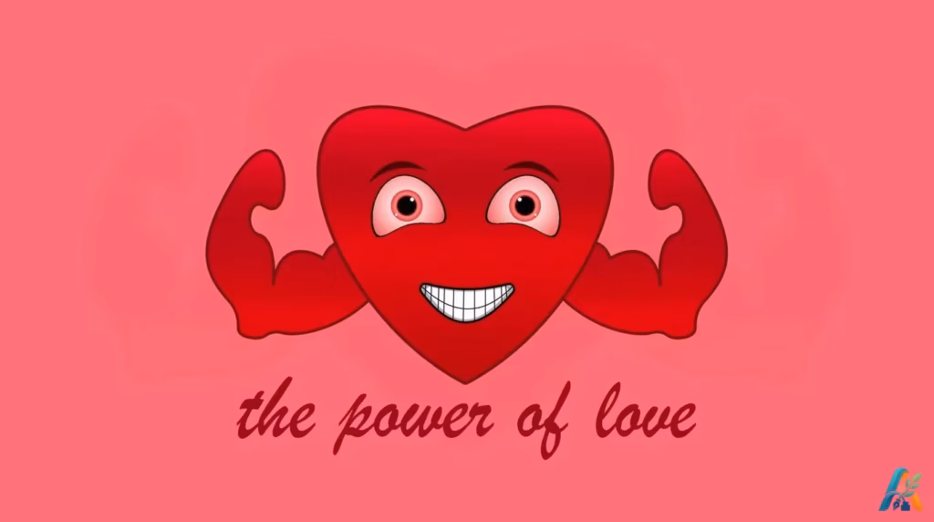 Ilustrasi hati berwarna merah dengan otot lengan kekar tersenyum ramah berlatar belakang merah muda tulisan the power of love.