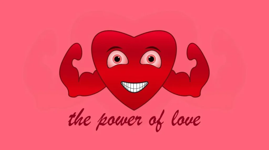 Ilustrasi hati berwarna merah dengan otot lengan kekar tersenyum ramah berlatar belakang merah muda tulisan the power of love.