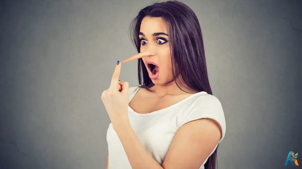 Wanita ekspresi terkejut dengan hidung panjang seperti Pinokio menunjuk wajahnya, konsep berbohong atau hoax.