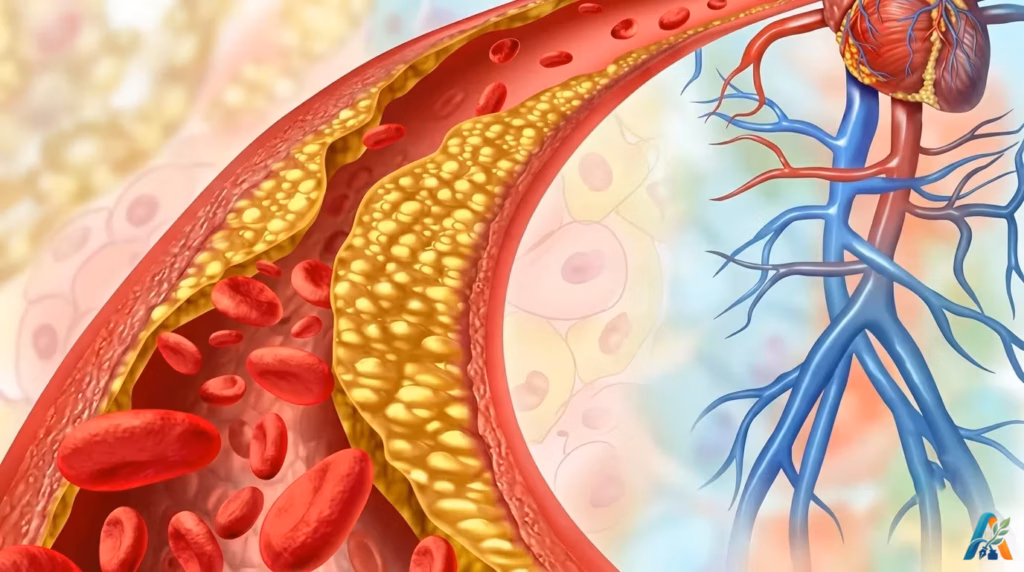 Arteri mengalami penyempitan akibat penumpukan plak kolesterol kuning yang menghambat aliran sel darah merah.